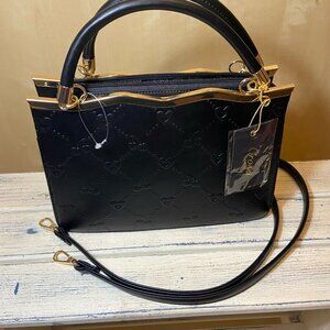 Grossi New York Embossed Cherry & Heart Tote – Black w/ Gold Trim